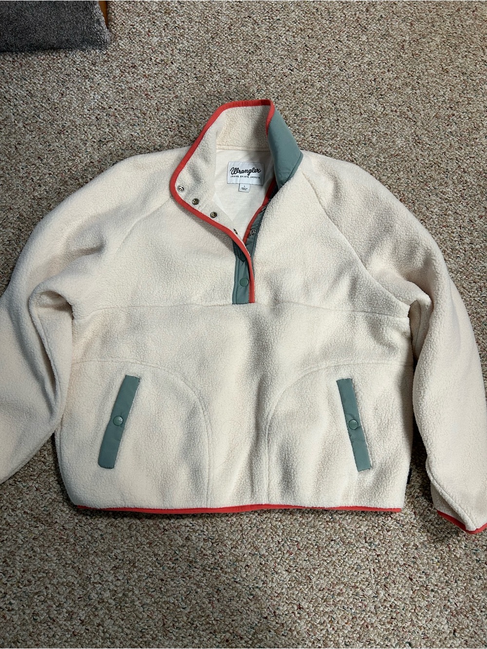 Wrangler Ivory Sherpa Jacket with Coral Trim and Sage Lining